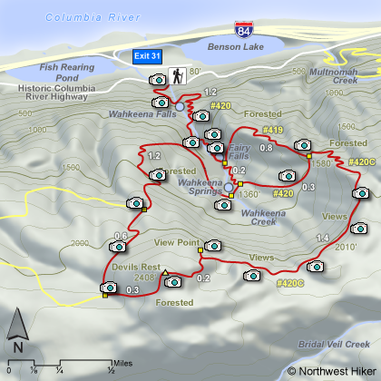 Wahkeena Falls ~ Devils Rest Loop Hike map