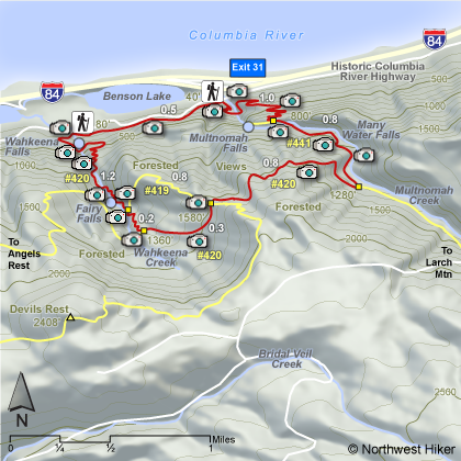 Multnomah Falls ~ Wahkeena Falls Loop Hike map